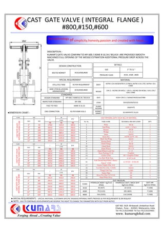 CAST GATE VALVE ( INTEGRAL FLANGE )
#800,#150,#600
Forging Ahead ...Creating Value
KUMAR'S GATE VALVE CONFIRM TO API 600 / ASME B 16.34 / BS1414 ARE PROVIDED SMOOTH
MACHINED FULL OPENING OF THE WEDGE ESTIMATION ADDITIONAL PRESSURE DROP ACROSS THE
VALVE.
DESCRIPTION:-
DESIGN CONSTRUCTION
BOLTED BONNET #150,#300,#600
DETAILS
SIZE 2'' TO 12 ''
PRESSURE CLASS #150 , #300 , #600
SPECIAL REQUIREMENT
STELLITED TRIM AS PER REQUIRMENT
BARE STEM & LOCKING
ARRANGEMENT
#150,#300,#600
MATERIAL
BODY
ASTM A 216 WCB/ASTM A 217WC6 /ASTM A 351 CF8 / ASTM A 351
CF8M
WEDGE 13% Cr. FACING ON WCB / 13% Cr. FACING ON WCB6 / A351 CF8 /
A351 CF8M
SEAT A105+13% Cr / SS304/CF8/SS316/CF8M
STEM SS410/SS304/SS316
GLAND
PACKING
GRAPHITE
BONNET
GASKET
SS+GRAPHITE FILLED
CLASS SIZE
L
'H'
CASTGATEVALVE
INTEGRALFLANGE150#
INCH MM
CLOSE
RB RB RB
2" 50 178.0 425.0 200.0
3" 80 203.0 510.0 250.0
4" 100 229.0 625.0 300.0
6" 150 267.0 880.0 350.0
8" 200 292.0 1010.0 400.0
10" 250 330.0 1245.0 450.0
12" 300 356.0 1420.0 500.0
STANDARDS
DESIGN STANDARD API 600 / ASME16.34 / BS1414
INSPECTION STANDARD API 598
FACE TO FACE ASME B 16.10
END CONNECTION AS PER ASME B16.5
TEST PRESSURE
CLASS
HYDRAULIC BODY Kg/Cm2
(PSIG)
HYDRAULIC SEAT / BACK SEAT
Kg/Cm2 (PSIG)
SEAT AIR
Kg/Cm2 (PSIG)
#150 30 (427) 22 (313) 7 (100)
#300 79 (1123) 291 (825) 7 (100)
#600 156 (2225) 114 (1630) 7 (100)
GAT NO. 54/6 Birdawadi ,Ambethan Road
Chakan, Pune - 410501. Maharastra, India
Tel:+91 2135254600 Tel Fax:+912135254602
DIMENSION CHART:-
the technology ofsimplicity,honesty,passion and created with heart.....
www. kumarsglobal.com
SPECIAL REQUIREMENTS :- SPECIAL MATERIAL ,CUSTOMER SPECIFIC DESIGN & INTERNAL PARTS PROVIDE AS PER REQUIREMENT & ON REQUEST.
NOTE: -DUE TO CONTINUES DEVELOPMENTS,WE RESERVE THE RIGHT TO CHANGE THE PARAMETERS WITH OUT PRIOR NOTICE
'H'
'L'
CLASS SIZE
L
'H'
CASTGATEVALVE
INTEGRALFLANGE300#
INCH MM
CLOSE
RB RB RB
2" 50 216.0 313.0 200.0
3" 80 282.0 510.0 250.0
4" 100 305.0 640.0 300.0
6" 150 403.0 840.0 350.0
8" 200 419.0 1040.0 450.0
10" 250 457.0 1255.0 500.0
12" 300 502.0 1580.0 500.0
CLASS SIZE
L
'H'
CASTGATEVALVE
INTEGRALFLANGE600#
INCH MM
CLOSE
RB RB RB
2" 50 292.0 435.0 250.0
3" 80 356.0 510.0 350.0
4" 100 432.0 640.0 450.0
6" 150 559.0 840.0 500.0
8" 200 660.0 1040.0 500.0
10" 250 787.0 1255.0 600.0
12" 300 838.0 1580.0 600.0
CAST INTEGRAL GATE VALVE BILL OF MATERIAL
SL. No. PART NAME MATERIAL SPECIFICATION QTY.
1 Body WCB 1
2 Seat Ring A105 + 13%Cr 2
3 Bonnet WCB 1
4 Wedge CA 15 1
5 Stem SS410 1
6 Stem Nut ASTM A439 - D2 1
7 Back Seat Ring SS410 1
8 Bonnet Bush C 15 1
9 Gland Flange WCB 1
10 Gland Bush SS410 1
11 Hand Wheel DI / CS 1
12 Hand Wheel Lock Nut C 15 1
13 Stem Packing (2+4) Graphite 1
14 Gasket (Flat) SS + Graphite Filled 1
15 Eye Bolt With Nuts A 307 Gr.B 2
16
Full Thread Stud With 2 Heavy
Nuts 1
2 " X 80
A 193 B7 / A194 2H 8
17 Grease Nipple (Dia. 6.0) CS 1
18 Eye Bolt Pin (Dia. 12X40) SS410 2
19 Flange End Cap LDPE 2
20 Name Plate SS 1
21 Rivet Pin (Dia.2.0 X 4.0) SS 2
22 Hand Wheel Key SS 1
 