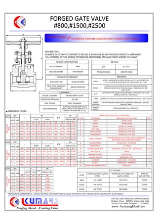 FORGED GATE VALVE
#800,#1500,#2500
Forging Ahead ...Creating Value
KUMAR'S GATE VALVE CONFIRM TO API 602 & ASME B16.34 ARE PROVIDED SMOOTH MACHINED
FULL OPENING OF THE WEDGE ESTIMATION ADDITIONAL PRESSURE DROP ACROSS THE VALVE.
DESCRIPTION:-
FORGED GATE VALVE BILL OF MATERIAL
SL. No. PART NAME MATERIAL SPECIFICATION QTY.
1 BODY ASTM A105N 1
2 BONNET ASTM A105N 1
3 WEDGE ASTM A217 Gr CA 15 1
4 SEAT RING ASTM A276 TYPE 410 2
5 SPINDLE (STEM) ASTM A276 TYPE 410 1
6 GLAND BUSH ASTM A276 TYPE 410 1
7 GLAND PACKING
INCONEL BRAIDED GR. RINGS WITH CORROSION
INHIBITOR+MOLDED GRAPHITE RINGS
1 SET
8 GLAND FLANGE ASTM A105 + Zn PLATED 1
9 HAND WHEEL S. G. IRON 1
10 GLAND STUD & NUT A193 Gr.B7 / A194 Gr.2H + ZN PLATED 2 SET
11 YOKE SLEEVE SS416 1
12 HAND WHEEL NUT A 194 Gr.2H 1
13 BEARING WASHER HARDENED STEEL 1
14 HEX BOLT A193 Gr.B7 + Zn PLATED 4
15 GASKET SPW SS316 + GRAPHITE 1
16 BONNET BUSH(BACKSEAT) INTEGRAL ---
DESIGN CONSTRUCTION
BOLTED BONNET #800
WELDED BONNET #1500/#2500
DETAILS
SIZE 1
2'' TO 2 ''
PRESSURE CLASS #800 TO #2500
SPECIAL REQUIREMENT
STELLITED TRIM #1500 TO #2500
BARE STEM & LOCKING
ARRANGEMENT
#800,#1500,#2500
MATERIAL
BODY
ASTM A 105N/ASTM A 350LF2 /ASTMA 182 F11-CL2/ASTM A 182
F22-CL3/ ASTM A F91/ASTM A 182 304L/ASTM A 182 F316L
WEDGE
ASTM A217 GR.CA15/ASTM A 276 TYPE 410/ASTM A217 GR
CF8M/SS316/ASTM A217GR.CF8 /SS304 / MONEL/ALLOY-20 /
HAST-ALLOY
SEAT
ASTM A276 TYPE 410/SS316/SS304/ASTM A A276 TYPE 410 + ST6/
MONEL/ ALLOY-20 / HAST-ALLOY
STEM ASTM A 276 TYPE 410/ SS316/ SS304 /MONEL/ ALLOY-20 / HAST-ALLOY
GLAND
PACKING
INCONEL BREADED RING WITH CORROSION INHIBITOR + MOLDED
GRAPHITE RING
BONNET
GASKET
SPIRAL WOUNDED 316 + GRAPHITE
CLASS SIZE
L
'H' Wt.
GATEVALVE
800#
INCH MM
CLOSE OPEN (Approx.) KG
RB FB RB FB RB FB RB FB RB FB
15 90.0 90.0 152.0 156.0 164.0 172.0 96.0 96.0 2.100 2.200
20 90.0 102.0 156.0 170.0 172.0 193.0 96.0 112.0 2.200 3.600
1" 25 102.0 130.0 170.0 236.0 193.0 272.0 112.0 150.0 3.600 6.750
40 130.0 148.0 236.0 249.0 272.0 287.0 150.0 200.0 6.750 12.850
2" 50 148.0 180.0 249.0 328.0 287.0 279.0 200.0 200.0 12.850 24.500
STANDARDS
DESIGN STANDARD API 602/ASME B 16.34
INSPECTION STANDARD API 598
FACE TO FACE MFG. STANDARD
END CONNECTION
BUTT WELD AS PER ASME B16.25
SOCKET WELD AS PER ASME B 16.11
SCREWED AS PER ASME B1.20.1
TEST PRESSURE
CLASS
HYDRAULIC BODY Kg/Cm2
(PSIG)
HYDRAULIC SEAT / BACK SEAT
Kg/Cm2 (PSIG)
SEAT AIR
Kg/Cm2 (PSIG)
#800 210 (2986) 153 (2176) 7 (100)
#1500 396 (5632) 291 (4138) 7 (100)
#2500 660 (9387) 484 (6884) 7 (100)
CLASS SIZE
L
'H' Wt.
GATEVALVE
2500#
INCH MM
OPEN CLOSE (Approx.) KG
FB FB FB FB FB
15 90.0 236.0 222.0 150.0 3.200
20 102.0 245.0 227.0 170.0 7.000
1" 25 130.0 283.0 258.0 230.0 8.700
40 148.0 280.0 244.0 350.0 16.800
2" 50 180.0 326.0 282.0 400.0 24.550
CLASS SIZE
L
'H' Wt.
GATEVALVE
1500#
INCH MM
OPEN CLOSE (Approx.) KG
RB FB RB FB RB FB RB FB RB FB
15 90.0 90.0 164.0 171.0 152.0 157.0 112.0 112.0 2.100 2.200
20 90.0 102.0 171.0 245.0 157.0 227.0 112.0 170.0 2.200 4.800
1" 25 102.0 130.0 245.0 255.0 227.0 231.0 200.0 230.0 4.800 6.750
40 130.0 148.0 282.0 294.0 251.0 254.0 230.0 280.0 7.250 13.550
2" 50 148.0 148.0 294.0 313.0 254.0 272.0 250.0 280.0 13.550 13.900
GAT NO. 54/6 Birdawadi ,Ambethan Road
Chakan, Pune - 410501. Maharastra, India
Tel:+91 2135254600 Tel Fax:+912135254602
'H'
L
'W'
DIMENSION CHART:-
the technology ofsimplicity,honesty,passion and created with heart.....
www. kumarsglobal.com
SPECIAL REQUIREMENTS :- SPECIAL MATERIAL ,CUSTOMER SPECIFIC DESIGN & INTERNAL PARTS PROVIDE AS PER REQUIREMENT & ON REQUEST.
 