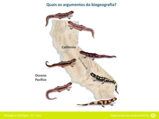 Biologia e Geologia - 11.o ano Argumentos do evolucionismo 56
Quais os argumentos da biogeografia?
Califórnia
Oceano
Pacífico
 