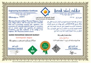 SAMED MOHAMMAD IBRAHIM BURNAT
Civil Engineer Degree
This certification is valid until: 20 Jumada II 1439
233074
 