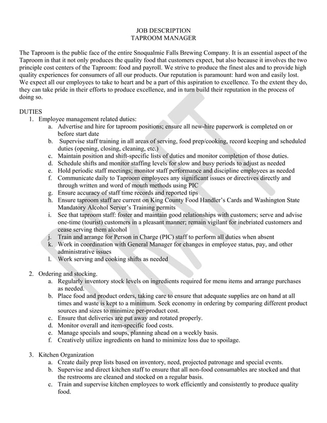 Job description taproom manager proposed 2014 PDF