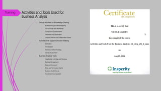 Activities and Tools Used for
Business Analysis
• Group Activities for Knowledge Sharing
• Brainstorming and Mind Mapping
• Focus Groups and Workshops
• Surveys and Questionnaires
• Interviews and Observation
• Lessons Learned and Collaborative Games
• Activities that Support Decision Making
• Estimation
• Prioritization
• Reviews and Item Tracking
• Vendor Assessment
• Business Analysis Tools
• Stakeholder List, Map and Personas
• Backlog Management
• Balanced Scorecard
• Roles and Permissions Matrix
• Business Model Canvas
• Functional Decomposition
Training
 