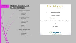 Analytical Techniques Used
for Business Analysis
• Analysis Tools for Scoping and Planning
• Benchmarking and Market Analysis
• Document Analysis
• Scope Modeling
• State Modeling
• Models that Support Business Analysis
• Process Modeling
• Process Analysis
• Organizational Modeling
• Interface Analysis
• Data Flow Diagrams
• Data Mining
• Data Modeling
• Prototyping
• Analyses that Support Decision making
• Risk Analysis and Management
• Financial Analysis
• Root Cause Analysis
• SWOT Analysis
• Decision Modeling and Decision Analysis
Training
 