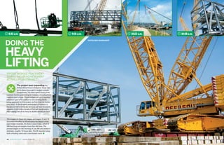 September/October 2015	 ZACHRY FORCE REPORT	 11
DOING THE
HEAVY
LIFTING
1. 8:31 a.m. 	 9:31 a.m. 	 10:22 a.m. 	 10:58 a.m.
BRIDGE MODULE PLACEMENT
MARKS MAJOR ACHIEVEMENT
AT PHILLIPS 66 PROJECT
The project team expanding the
Phillips 66 terminal in Freeport, Texas, has
put in place the project’s largest modular
components. The team spent much of the
summer months positioning 22 modules, including three
massive pipe bridges. These bridges will carry liquefied
petroleum gas (LPG) product to two existing docks
being upgraded for this project, so that it can be loaded
onto ships. At the project’s anticipated completion in
the second half of 2016, the terminal will have an export
capacity of 4.4 million barrels of fuel per month and a
ship-loading rate of as many as 36,000 barrels per hour.
The images on these two pages, and pages 12 and 13,
document the effort to lift and place the largest of the
pipe bridge modules, the dock 3 pipe bridge, which is
286 feet long and weighs more than 440 tons. The
process began on the morning of July 8th and ended in
darkness, roughly 15 hours later. The lift required using
both a floating crane and a land-based crane.
10 	ZACHRY FORCE REPORT	 September/October 2015
PHOTOS/NICK GRANCHAROFF
 