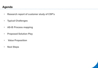 Agenda
• Research report of customer study of CSP’s
• Typical Challenges
• AS-IS Process mapping
• Proposed Solution Play
• Value Proposition
• Next Steps
2
 