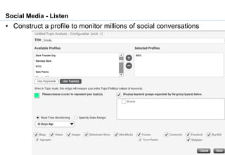 Social Media - Listen
• Construct a profile to monitor millions of social conversations
 