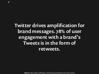 Twitter drives amplification for 
brand messages. 78% of user 
engagement with a brand’s 
Tweets is in the form of 
retwee...