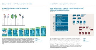 MTA MARYLAND BUS STOP SIGN DESIGN
Baltimore, MD
S O L U T I O N S T H AT T R A N S F O R M C I T I E S
The Baltimore MTA signs had remained unchanged for 40 years and were oriented more
for vehicular trafﬁc rather than for passengers. Mimar Ponte Mellor has developed high
image signs to be used downtown to catch attention.A versatile family of signs has
been developed for multiple situations. The new sign system is also utilizing a Bus Tracker
system which will enable passengers to call MTA and determine when the next bus will
arrive.
1
8
30
420
MTA Bus Tracker
410-539-5000
mta.maryland.gov
Stop Number
24005
1
8
30
420
MTA Bus Tracker
410-539-5000
mta.maryland.gov
Stop Number
24005
320
8
8
33
61
11
320
33
61
11
MTA Bus Tracker
410-539-5000
mta.maryland.gov
Stop Number
24005
MTA Maryland
MTA Maryland
1
8
30
420
1
8
30
48 MTA Bus Tracker
410-539-5000
mta.maryland.gov
Stop Number
24005MTA Bus Tracker
410-539-5000
mta.maryland.gov
Stop Number
24005
Client:
MTA Maryland
Team:
Parsons Brinckerhoff
BUS
STOP
19Carney
Goucher & Taylor
State Center
Metro Station
Lombard St.
Pratt St. NORTH
Goucher &
Taylor
Carney
Where’s My Bus?
mta.maryland.gov
Text “mdmta 13610” to 41411
STOP #
13610410-539-5000
Harfo
rd
Rd.
Northern
Pkwy.
BUS
STOP
19
Carney
Goucher & Taylor
State Center Metro Sta.19
Carney
Goucher & Taylor
State Center Metro Sta.53 Mondawmin
Metro Station
99 BWI Marhsall
Airport
77 Patapsco
Light Rail
Where’s My Bus?
mta.maryland.gov
Text “mdmta 13610” to 41411
STOP #
13610410-539-5000
BUS
STOP
19
Carney
Goucher & Taylor
State Center Metro Sta.3 Charles
& Pratt
23 Fox Ridge
11 Canton
320 Jessup
Columbia
Where’s My Bus?
mta.maryland.gov
Text “mdmta 13610” to 41411
STOP #
13610410-539-5000
BUS
STOP
19
Carney
Goucher & Taylor
State Center Metro Sta.
1513
4738
91 97
310
Where’s My Bus?
mta.maryland.gov
Text “mdmta 13610” to 41411
STOP #
13610410-539-5000
BUS
STOP
19
Carney
Goucher & Taylor
State Center Metro Sta.5 5x
8 19 19x
20 27 30
36 48 91
120 150 320
1
Where’s My Bus?
mta.maryland.gov
Text “mdmta 13610” to 41411
STOP #
13610410-539-5000
BUS
STOP
19
Carney
Goucher & Taylor
State Center Metro Sta.
5 5x 8
20 23 30
35 36 91
150 160
Where’s My Bus?
mta.maryland.gov
Text “mdmta 13610” to 41411
STOP #
13610410-539-5000
BUS
STOP
19
Carney
Goucher & Taylor
State Center Metro Sta.19
Carney
Goucher & Taylor
State Center Metro Sta.11
13
Fairmont Ave
Canton
Where’s My Bus?
mta.maryland.gov
Text “mdmta 13610” to 41411
STOP #
13610410-539-5000
BUS
STOP
19
Carney
Goucher & Taylor
State Center Metro Sta.5 5x
8 10 10x
20 23 30
36 40 46
48 91 120
1
160 310
Where’s My Bus?
mta.maryland.gov
Text “mdmta 13610” to 41411
STOP #
13610410-539-5000
150
I S S A F E T Y A C O N C E R N T O Y O U ?
This 275,000 SF laboratory facilities is part of the CDC and USDA Laboratory
Response Networks that provide emergency response to national infectious
disease outbreaks, terrorist threats and agricultural safety efforts. Scope of
services included a wayﬁnding analysis of the site, developing entry and
directional signs for the site, coordinating with the architect the integration
of logo within the glass panel entry. Several custom color schemes were
developed. Because of the special needs of the laboratories, additional panels
were developed for information needed regarding climate control and entry
procedures for several of the laboratories.
NEW JERSEY PUBLIC HEALTH, ENVIRONMENTAL AND
AGRICULTURAL LABORATORY
Trenton, NJ
Client:
HOK
Team:
Apple Designs, Inc.
Training Room
Food Service
AG Labs & Necropsy
RAD Labs
Accessioning
ECLS Labs
NBS Labs
Bacteriology Labs
ECLS Labs
In Case of Fire, Use Stairs
1
2
Directory
3
4
6”
3/4"1/4"1/2”
9”
3/4"
3/8"
5/8"5/8"
5/16"
2.5”
Sign type A.1
Room Identity-1 line
Frutiger 65 Bold
Sign type A.2
Room Identity-2 line
Sign type B
Office Identity with changeable Names
Sign type C
Room Identity
Sign type D.1
Room Identity w/ Symbol
Sign type D.2
Stair Identity w/ Symbol
Sign type D.3
Level Identity w/ Symbol
4°C
L166
1545
COC Drug
Accessioning
1C45
1207
L266
1545
Airlock
L166
1545
COC Drug
Accessioning
EXIT STAIRS
EXIT STAIRS
A2241545
Office Name
CPPRC Director
LEVEL 2
EXIT STAIRS
2
L266
1545
BSL-3 Hepa Filter
Gown In/
Gown Out
MEN1545
WOMEN
WOMEN
Apple Designs, Inc.
Sign type A.1
Room Identity-1 line
Eras Demi
Sign type A.2
Room Identity-2 line
Sign type B
Office Identity with changeable Names
Sign type C
Room Identity
Sign type D.1
Room Identity w/ Symbol
Sign type D.2
Stair Identity w/ Symbol
Sign type D.3
Level Identity w/ Symbol
Place for temperature
information
4°C
L166
1545
Virology
Cold Room
4°C-20°C
L266
1545
L166
1545
1C45
1207
Freezer Room
Virology
Cold Room
L266
1545
Airlock
EXIT STAIRS
EXIT STAIRS
A2241545
Office Name
CPPRC Director
LEVEL 2
EXIT STAIRS
2
New Jersey State Police Public Health Building
June 6, 2007
Gown In/Gown Out
MEN1545
WOMEN
WOMEN
 