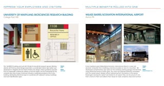 I M P R E S S Y O U R E M P L O Y E E S A N D V I S I T O R S
UNIVERSITY OF MARYLAND, BIOSCIENCES RESEARCH BUILDING
College Park, MD
The 134,000 SF building was built with 35 labs for faculty-led research groups.Working
directly with Portnoy Levine Design Associates, a coordinated interior sign system was
developed to integrate with the interior ﬁnishes.The design criteria guidelines required
that an engravable material be utilized, so that the system can be maintained by the
university sign shop. Scope of services included a wayﬁnding analysis of the 4 story
building, developing directional signs to coordinate with adjacent campus buildings
and room identiﬁcation signs.
Client:
PLDA
Team:
Ballinger
approx.5'-3"
2’-2"
EQ.EQ.
EQ. EQ.
CL
CL
Terrazzo base
Wood Veneer
Panels
BIOSCIENCES
RESEARCH BUILDING
Researcher Office 2112
Researcher Office 2125
Researcher Office 2126
Researcher Office 2128
Researcher Office 2130
Researcher Office 2132
Researcher Office 2134
Researcher Office 2136
3rd Floor
Conference Room 3101
Researcher Office 3103
Researcher Office 3104
Researcher Office 2106
Researcher Office 2108
Researcher Office 2112
Researcher Office 2113
Researcher Office 2114
Researcher Office 2115
Researcher Office 2124
Researcher Office 2125
Researcher Office 2126
Researcher Office 2128
Researcher Office 2130
Researcher Office 2132
Researcher Office 2134
Researcher Office 2136
Basement Floor
Conference Room B0210
Researcher Office B 0118
Researcher Office B0120
Researcher Office B0122
Researcher Office B0124
Researcher Office B0126
1st Floor
Lecture Hall 1101
Seminar Room 1103
Administrative Office
Conference Room 1210
Researcher Office 1108
Researcher Office 1110
Researcher Office 1112
Researcher Office 1114
Researcher Office 1116
Researcher Office 1118
2nd Floor
Conference Room 2210
Researcher Office 2103
Researcher Office 2106
Researcher Office 2108
Researcher Office 2112
Researcher Office 2113
Researcher Office 2114
Researcher Office 2115
11081545
Researcher Name
RESEARCH
OFFICE
MEN
1545
Sign type ID-5
Men’s Room Identity
Scale:
3/4"=1"
Date:
11/19/03
M U LT I P L E B E N E F I T S R O L L E D I N T O O N E
WILKES BARRE/SCRANTON INTERNATIONAL AIRPORT
Avoca, PA
Futura typeface gives Wilkes-Barre/Scranton International Airport a clean yet
dynamic character that is befitting a terminal located on top of a mountain. We
developed complimentary sign types for the roadway, parking garage and terminal
using distinctive bands of warm gray. The colors we selected perfectly contrasted
with the overall airport design without detracting from the beauty of the space.
Passengers leaving this airport are treated to an airport they can be proud of; one
that is home to them and reflects their values for taste, simplicity, class and function.
Client:
HNTB
Team:
Apple Designs, Inc.
 