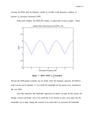 London 13
lowering the SWR, until the frequency reaches 𝑓0 of which as the frequency continues to
increase 𝑍𝑖𝑛 decreases, increasing SWR.
If this trend continues the SWR will continue to repeat itself as seen in Figure 7 below
Figure 7 – QWT SWR vs.
𝐟
𝐟 𝟎
Extended
Because the SWR graph is periodic any two points where the frequency generates the SWR to
read 2 can be used in Equation 15. As a result the bandwidth for the quarter-wave transmission
line was 200%.
Upon later inspection this bandwidth appeared to be almost too large for this system, but
through research and similar tests it was noted that it was because 𝑓0 and c were equal why the
bandwidth was so large. During this research it was noted that if 𝑓0 increased the bandwidth
 