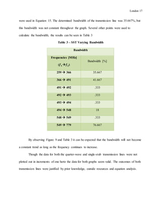 London 17
were used in Equation 15. The determined bandwidth of the transmission line was 35.667%, but
this bandwidth was not constant throughout the graph. Several other points were used to
calculate the bandwidth; the results can be seen in Table 3
Table 3 – SST Varying Bandwidth
Bandwidth
Frequencies [MHz]
(𝒇 𝟏𝒇 𝟐)
Bandwidth [%]
259  366 35.667
366  491 41.667
491  492 .333
492  493 .333
493  494 .333
494  548 18
548  549 .333
549  779 76.667
By observing Figure 9 and Table 3 it can be expected that the bandwidth will not become
a constant trend as long as the frequency continues to increase.
Though the data for both the quarter-wave and single-stub transmission lines were not
plotted out in increments of one hertz the data for both graphs seem valid. The outcomes of both
transmission lines were justified by prior knowledge, outside resources and equation analysis.
 