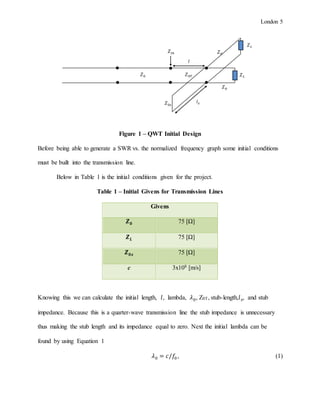London 5
Figure 1 – QWT Initial Design
Before being able to generate a SWR vs. the normalized frequency graph some initial conditions
must be built into the transmission line.
Below in Table 1 is the initial conditions given for the project.
Table 1 – Initial Givens for Transmission Lines
Givens
𝒁 𝟎 75 [Ω]
𝒁 𝑳 75 [Ω]
𝒁 𝟎𝒔 75 [Ω]
c 3x108 [m/s]
Knowing this we can calculate the initial length, 𝑙, lambda, 𝜆0, Z0T, stub-length,𝑙 𝑠, and stub
impedance. Because this is a quarter-wave transmission line the stub impedance is unnecessary
thus making the stub length and its impedance equal to zero. Next the initial lambda can be
found by using Equation 1
𝜆0 = 𝑐/𝑓0 , (1)
𝑍0 𝑍0𝑇 𝑍 𝐿
𝑍0𝑠
𝑙
𝑙 𝑠
𝑍 𝐿
𝑍𝑖𝑛
𝑍0
𝑍0
 