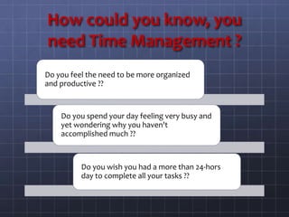 How could you know, you
need Time Management ?
Do you feel the need to be more organized
and productive ??
Do you spend your day feeling very busy and
yet wondering why you haven't
accomplished much ??
Do you wish you had a more than 24-hors
day to complete all your tasks ??
 