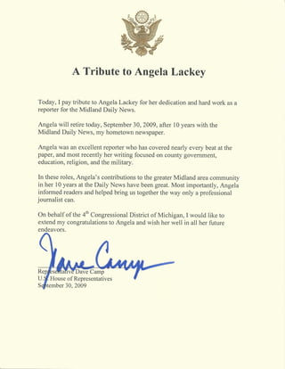 Angela Letter from Dave Camp, U.S. House of Representatives