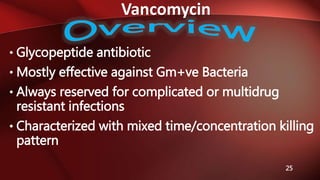 Vancomycin
25
• Glycopeptide antibiotic
• Mostly effective against Gm+ve Bacteria
• Always reserved for complicated or multidrug
resistant infections
• Characterized with mixed time/concentration killing
pattern
 