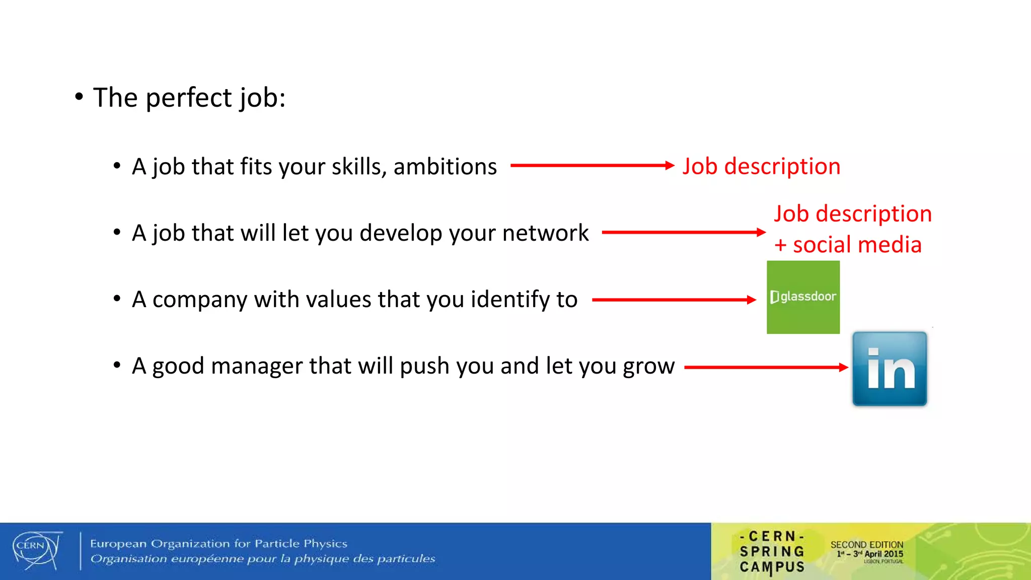 • The perfect job:
• A job that fits your skills, ambitions
• A job that will let you develop your network
• A company with values that you identify to
• A good manager that will push you and let you grow
Job description
?
Job description
+ social media
?
 