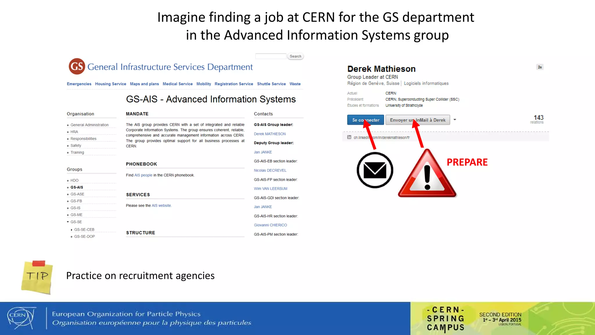 Imagine finding a job at CERN for the GS department
in the Advanced Information Systems group
PREPARE
Practice on recruitment agencies
 