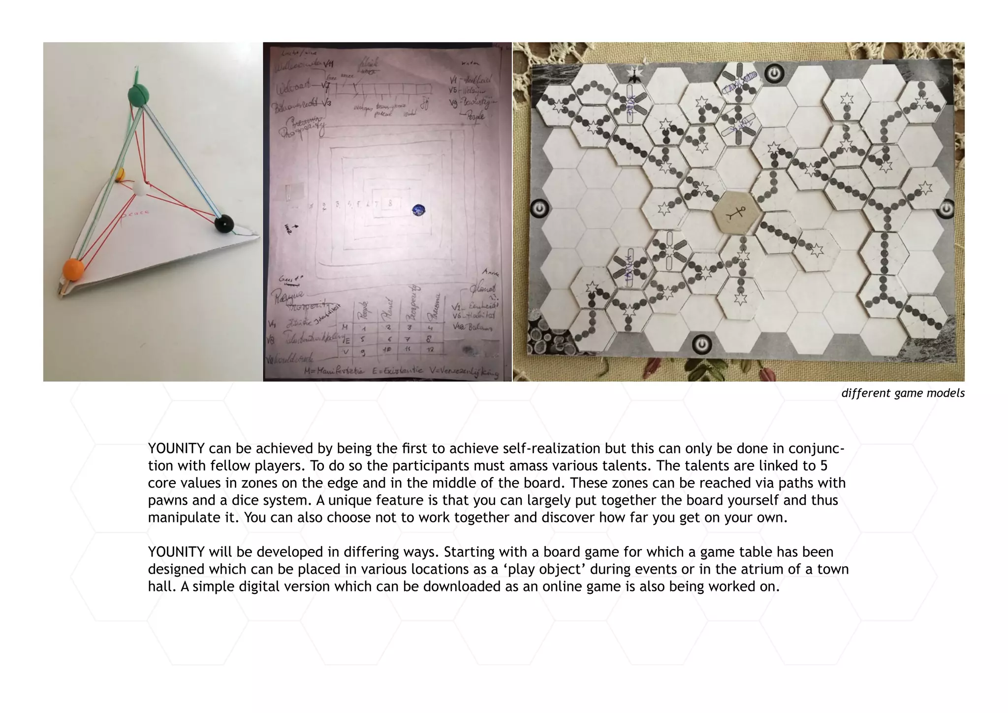 YOUNITY can be achieved by being the first to achieve self-realization but this can only be done in conjunc-
tion with fellow players. To do so the participants must amass various talents. The talents are linked to 5
core values in zones on the edge and in the middle of the board. These zones can be reached via paths with
pawns and a dice system. A unique feature is that you can largely put together the board yourself and thus
manipulate it. You can also choose not to work together and discover how far you get on your own.
YOUNITY will be developed in differing ways. Starting with a board game for which a game table has been
designed which can be placed in various locations as a ‘play object’ during events or in the atrium of a town
hall. A simple digital version which can be downloaded as an online game is also being worked on.
different game models
 