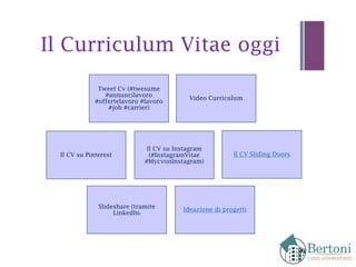 Il Curriculum Vitae oggi
Tweet Cv (#twesume
#annuncilavoro
#offertelavoro #lavoro
#job #carrier)
Video Curriculum
Il CV Sliding DoorsIl CV su Pinterest
Il CV su Instagram
(#InstagramVitae
#MycvonInstagram)
Slideshare (tramite
LinkedIn)
Ideazione di progetti
 