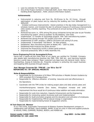  Lean Co ordinator for Faiveley Indian operations.
 One of the Project members in Chennai& Delhi ,Kochi Metro Rail projects for
handling Brake Application , HVAC ,Acess & Information System.
Achievements
• Instrumental in reducing cost from Rs. 30.2Crores to Rs. 24 Crores through
optimisation of plant layout and by reducing the building size from 90Mx40M to
60Mx32M
• Initiated continuous improvements - Kaizen practices in the day today management in a
schedule manner, and included the plan Vs achieved measure of continuous improvements
inthe weekly /monthly reporting. Thus achieved an annual savings of Rs.2.8cores in
2010-14.
• Achieved top score i.e., 83% among the group companies during last year as per Faiveley
manufacturing system which is audited by HQ adapting Lean tools.
• Implemented 12 Transfer of Technology projects with lean manufacturing system .
• Achieved Cost saving through TOT project 25.8 cores per year.
• Implemented 22 VSM projects ( 2008 to 2015)and cost saving 6.8 cores.
• Implemented 6 Automated Test Bench for New projects.
• Established New manufacturing plant at Baddi( HP) – 2007 to 2008.
• Established Multi Products line Brake division .
• Improved the Productivity to35% in Brake panel products.
• Improved productivity 38% in HVAC Assembly line.
Varroc Engineering Pvt Ltd, Aurangabad & Pune.
Varroc has 17 plants all over India, Most of our plants are certified for TS16949. Company
also adopts best manufacturing practices like TQM, TPM, SAP etc., and marching towards
become a world class company. Major customers are Baja Auto Ltd.,General motor, Remy,
Saufrdanfoss, Scarpa & Colomba etc. Presently company is venturing into export business
and targeting 50% business through exports.
Asst Manager Corporate QA - TPM &IE – Jan ’06 to Oct ‘07
REPORTING TO : VP- SPECIAL PROJECTS
Roles & Responsibilities
 Responsible for Co-Ordination of 8 Pillars TPM activities in Metallic Division Guidance by
JIPM consultant Mr.S.Yamaguchisan.
 Responsible for Effective utilization of existing resources and cost effectiveness in
the Operations.
 Coordinate with the TPM circles for making project plans and daily activity plans and
monitortheirprogress towards Zero losses, throughput increase and yield
improvement the focus would be of continuous Value addition and waste elimination.
 Responsible for cycle time reduction, Capacity Enhancement and Re-Engineering.
 Responsible for conducting system & process audit and Implementation
 Responsible for Audit promotion progress and the education and cultivation of employees.
 Responsible for Implementing TPM & Cultural change in organization.
 Responsible for implementating Kaizen & Suggestion scheme.
Hi Tech Gears Ltd., Manesar
It is a 750 crores, Automobile Transmission & Robotics Systems Development company in
collaboration with GETRAG, USA & HONDA, JAPAN. It has six units in India and supplies products
to VOLVO, FORD, CUMMINS, MUSASI, BOSCH, and HONDA etc
Kaizen Leader (LEAN-TPM) Aug 2003 – to Dec 2005
REPORTING TO : GM- LEAN TPM
 