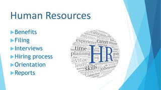 Human Resources
Benefits
Filing
Interviews
Hiring process
Orientation
Reports
 