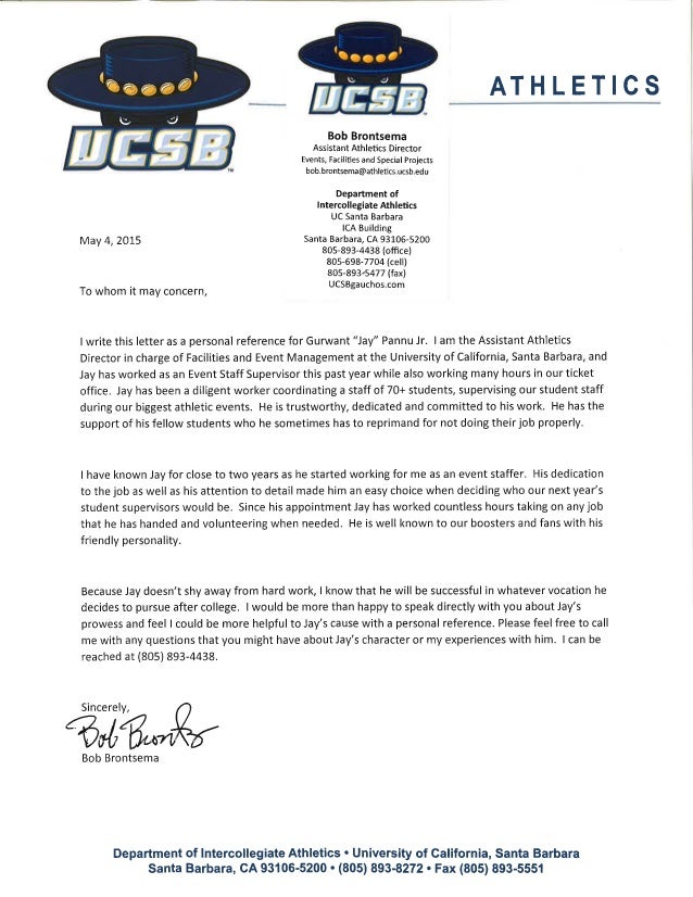 Reference Letter - Bob Brontsema, UCSB Assistant Athletics Director