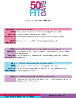 WWW.50FITDAYS.COMALL PROGRAMS CREATED BY AND PROPERTY OF
KRISSY ADAMS-SCHOFIELD, PDt, PTS, BScAHN
50 FIT DAYS MEAL PLAN: FAT LOSS
Breakfast: Within 30 mins of waking
Carb: 1/4 cup oats (dry measure) or 1 slice of sprouted/gluten-free bread
Protein: 1 cup egg whites or 1 scoop protein powder
Healthy Fat: 2 tbsp hemp or chia seeds or 1 tbsp natural peanut butter or ¼ avocado
Fruit/
Vegetables:
½ cup of berries + vegetables of choice (vegetables optional)
snack: 2 - 3 hrs after (Can alternate morning and afternoon snack options)
Carb/fruit: 1 cup of carrot sticks or 1 medium apple or 1 plain rice cake or ½ cup unsweet-
ened applesauce
Protein/
healthy fat:
¼ cup of hummus or 1 tbsp natural nut butter or 2 tbsp seeds (chia, sunflower,
pumpkin, etc)
LUNCH: 2 - 3 hrs after (Can alternate lunch and dinner options)
Carb: ½ cup of quinoa or brown rice or 1 sprouted/gluten-free wrap
Protein: 4 oz lean protein (chicken, turkey or white fish) or 1 cup of beans/legumes
Vegetables: 2 cup of vegetables of choice
snack: 2 - 3 hrs after (Can also chose from snack options above)
1 Quest bar or 3/4 cup low fat plain Greek yogurt + 1/2 cup berries or 1/2 cup 1%
cottage cheese + 1/2 cup berries
 