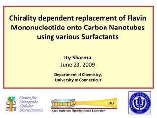 Nano materials Optoelectronics Laboratory
IMS
Chirality dependent replacement of Flavin
Mononucleotide onto Carbon Nanotubes
using various Surfactants
Ity Sharma
June 23, 2009
Department of Chemistry,
University of Connecticut
 