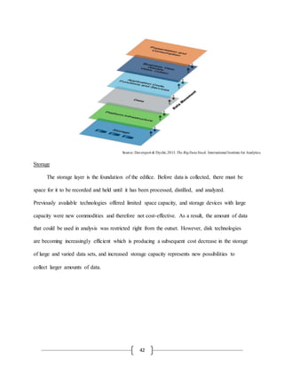 42
Storage
The storage layer is the foundation of the edifice. Before data is collected, there must be
space for it to be recorded and held until it has been processed, distilled, and analyzed.
Previously available technologies offered limited space capacity, and storage devices with large
capacity were new commodities and therefore not cost-effective. As a result, the amount of data
that could be used in analysis was restricted right from the outset. However, disk technologies
are becoming increasingly efficient which is producing a subsequent cost decrease in the storage
of large and varied data sets, and increased storage capacity represents new possibilities to
collect larger amounts of data.
Source: Davenport & Dyché,2013. The BigDataStack. International Institute for Analytics.
 