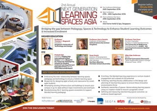 KEY TOPICS OF EXPLORATION:
LEARNING
NEXT GENERATION
2nd Annual
SPACES ASIA
	 Pre-Conference Workshops: 	 	
	 26th September 2016
	 Main Conference:
	 27th - 28th September 2016
	 Post Conference Site Tours:
	 29th September 2016
	 Venue:
	 One Farrer Hotel & Spa, Singapore
Bridging the gap between Pedagogy, Spaces & Technology to Enhance Student Learning Outcomes
& Increased Enrolment
Register before
08 July 2016
and enjoy up to
$1,200 off!
HIGHER EDUCATION
Professor
Thomas L. Magnanti
President,
Singapore University of
Technology and Design
Prakash Nair
President, Fielding Nair
International (United
States), Author, Blueprint
forTomorrow: Redesigning
Schools for Student
Centered Learning (Harvard
Education Press); Winner,
CEFPI MacConnellAward
Professor Harry Daniels
Professor of Education,
Oxford University (United
Kingdom)
Anne Knock
Director of Development,
Sydney Centre for Innovation
and Learning,
Northern Beaches
Christian School (Australia)
Professor Tom Kvan
Pro Vice Chancellor
(Campus & Global Developments),
The University of Melbourne,
Founding Director, LEaRN - the
Learning Environments Applied
Research
Allan Kjær Andersen
Rector,
Ørestad Gymnasium (Denmark)
"Most modernized school in Europe"
(Financial Times , 2012)
■	 Embracing the inter-relationship between learning spaces,
	 pedagogy and technology to ensure a holistic learning space
■	 Blueprints for designing agile schools and classrooms for smart,
	 agile students
■	 Revamping existing infrastructure and buildings to ensure your 	
	 campus is up-to-date without major investments and overhauls
■	 Revolutionising the E-learning spaces ecosystem to support 	
	 blended learning pedagogy	
■	 Enriching the blended learning experience to nurture student 	
	 engagement and unleash its full potential
■	 Fostering teaching faculty collaboration in the design and
	 planning of new learning spaces to ensure these innovative 	
	 environments thrive
■	 Authentic ownership of spaces: democratising learning spaces 	
	 using co-creation model to ensure a pragmatic school
■	 Defining and measuring new learning spaces outcomes: an 	
	 evidence-based approach
JOIN THE DISCUSSION TODAY! W: www.learningspacesasia.com
Reasearched and developed by:Media Partners: Sponsors:
K12
The Labs' White Room, Singapore
Management University
Singapore University
of Technology and Design
Ørestad Gymnasium (Denmark)
 