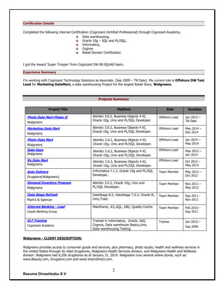 Resume Dineshbabu S V
2
Certification Details
Completed the following internal Certification (Cognizant Certified Professional) through Cognizant Academy,
Data warehousing,
Oracle 10g – SQL and PL/SQL,
Informatica,
Cognos
Retail Domain Certification
I got the Award ’Super Trooper’ from Cognizant DW BI-SQUAD team.
Experience Summary
I’m working with Cognizant Technology Solutions as Associate. (Sep 2009 – Till Date). My current role is Offshore DW Test
Lead for Marketing DataMart, a data warehousing Project for the largest Retail Store, Walgreens.
Projects Summary
Project Title Platform Role Duration
Photo Data Mart-Phase II
Walgreens
Abinitio 3.0.2, Business Objects 4 XI,
Oracle 10g, Unix and PL/SQL Developer.
Offshore Lead Jan 2015 –
Till Date
Marketing Data Mart
Walgreens
Abinitio 3.0.2, Business Objects 4 XI,
Oracle 10g, Unix and PL/SQL Developer.
Offshore Lead May 2014 –
Dec 2014
Photo Data Mart
Walgreens
Abinitio 3.0.2, Business Objects 4 XI,
Oracle 10g, Unix and PL/SQL Developer.
Offshore Lead Jan 2014 –
May 2014
Data Gaps
Walgreens
Abinitio 3.0.2, Business Objects 4 XI,
Oracle 10g, Unix and PL/SQL Developer.
Offshore Lead May 2013 –
Jan 2014
Rx Data Mart
Walgreens
Abinitio 3.0.2, Business Objects 4 XI,
Oracle 10g, Unix and PL/SQL Developer.
Offshore Lead Oct 2012 –
May 2013
Auto Delivery
Drugstore(Walgreens)
Informatica 7.1.3, Oracle 10g and PL/SQL
Developer.
Team Member May 2012 –
Oct 2012
Demand Inventory Program
Walgreens
Abinitio 3.0.2, Oracle 10g, Unix and
PL/SQL Developer.
Team Member Nov 2011 –
May 2012
Data Stage Refresh
Mark’s & Spencer
DataStage 8.5, DataStage 7.5.2, Oracle 9i,
Unix,Toad.
Team Member Sep 2011 -
Nov 2011
Internet Banking - Load
Lloyds Banking Group
Mainframe, JCL,SQL, DB2, Quality Centre Team Member Feb 2010 -
Sep 2011
ELT Training
Cognizant Academy
Trained in Informatica, Oracle, SAS,
Cognos, Data warehouse Basics,Unix,
Data warehousing Testing
Trainee Jan 2010 –
Sep 2009
Walgreens - CLIENT DESCRIPTION:
Walgreens provides access to consumer goods and services, plus pharmacy, photo studio, health and wellness services in
the United States through its retail drugstores, Walgreens Health Services division, and Walgreens Health and Wellness
division. Walgreens had 8,206 drugstores as of January 31, 2014. Walgreens runs several online stores, such as:
www.Beauty.com, Drugstore.com and www.VisionDirect.com.
 