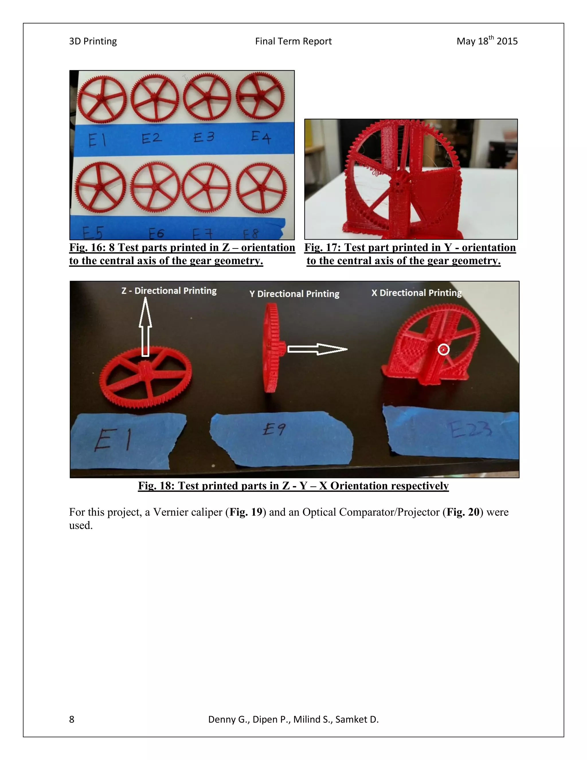 3D Printing Final Term Report May 18th
2015
8 Denny G., Dipen P., Milind S., Samket D.
Fig. 16: 8 Test parts printed in Z – orientation Fig. 17: Test part printed in Y - orientation
to the central axis of the gear geometry. to the central axis of the gear geometry.
Fig. 18: Test printed parts in Z - Y – X Orientation respectively
For this project, a Vernier caliper (Fig. 19) and an Optical Comparator/Projector (Fig. 20) were
used.
 