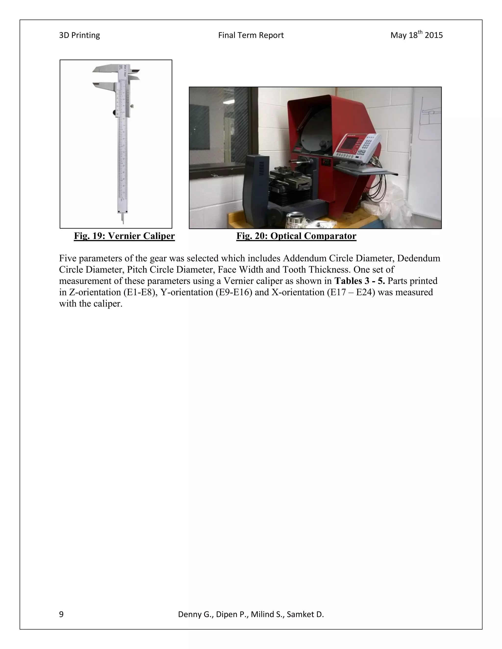 3D Printing Final Term Report May 18th
2015
9 Denny G., Dipen P., Milind S., Samket D.
Fig. 19: Vernier Caliper Fig. 20: Optical Comparator
Five parameters of the gear was selected which includes Addendum Circle Diameter, Dedendum
Circle Diameter, Pitch Circle Diameter, Face Width and Tooth Thickness. One set of
measurement of these parameters using a Vernier caliper as shown in Tables 3 - 5. Parts printed
in Z-orientation (E1-E8), Y-orientation (E9-E16) and X-orientation (E17 – E24) was measured
with the caliper.
 