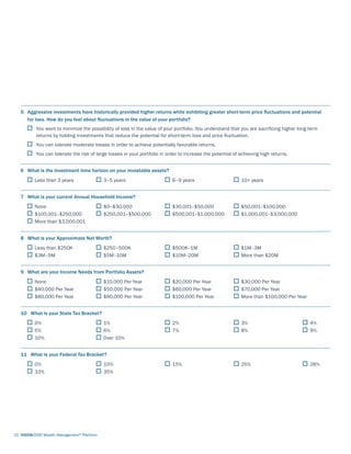 5	Aggressive investments have historically provided higher returns while exhibiting greater short-term price fluctuations and potential
for loss. How do you feel about fluctuations in the value of your portfolio?
	 	You want to minimize the possibility of loss in the value of your portfolio. You understand that you are sacrificing higher long-term
returns by holding investments that reduce the potential for short-term loss and price fluctuation.
	 	You can tolerate moderate losses in order to achieve potentially favorable returns.
	 	You can tolerate the risk of large losses in your portfolio in order to increase the potential of achieving high returns.
6	 What is the investment time horizon on your investable assets?
	 Less than 3 years	 3–5 years	 6–9 years	 10+ years
7	 What is your current Annual Household Income?
	 None	 $0–$30,000	 $30,001–$50,000	 $50,001–$100,000
	 $100,001–$250,000	 $250,001–$500,000	 $500,001–$1,000,000	 $1,000,001–$3,000,000
	 More than $3,000,001
8	 What is your Approximate Net Worth?
	 Less than $250K	 $250–500K	 $500K–1M	 $1M–3M
	 $3M–5M	 $5M–10M	 $10M–20M	 More than $20M
9	 What are your Income Needs from Portfolio Assets?
	 None	 $10,000 Per Year	 $20,000 Per Year	 $30,000 Per Year
	 $40,000 Per Year	 $50,000 Per Year	 $60,000 Per Year	 $70,000 Per Year
	 $80,000 Per Year	 $90,000 Per Year	 $100,000 Per Year	 More than $100,000 Per Year
10 What is your State Tax Bracket?
	 0%	 1%	 2%	 3%	 4%
	 5%	 6%	 7%	 8%	 9%
	 10%	 Over 10%
11 What is your Federal Tax Bracket?
	 0%	 10%	 15%	 25%	 28%
	 33%	 35%
10	 VISION2020 Wealth Management®
Platform
 