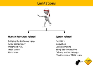 Limitations
Human Resources related
Bridging the technology gap
Aging competency
Integrated PMS
Trade Union
Henchmen
System related
Flexibility
Innovation
Decision making
Being less competitive
Delivery and technology
Effectiveness of BMW team
 