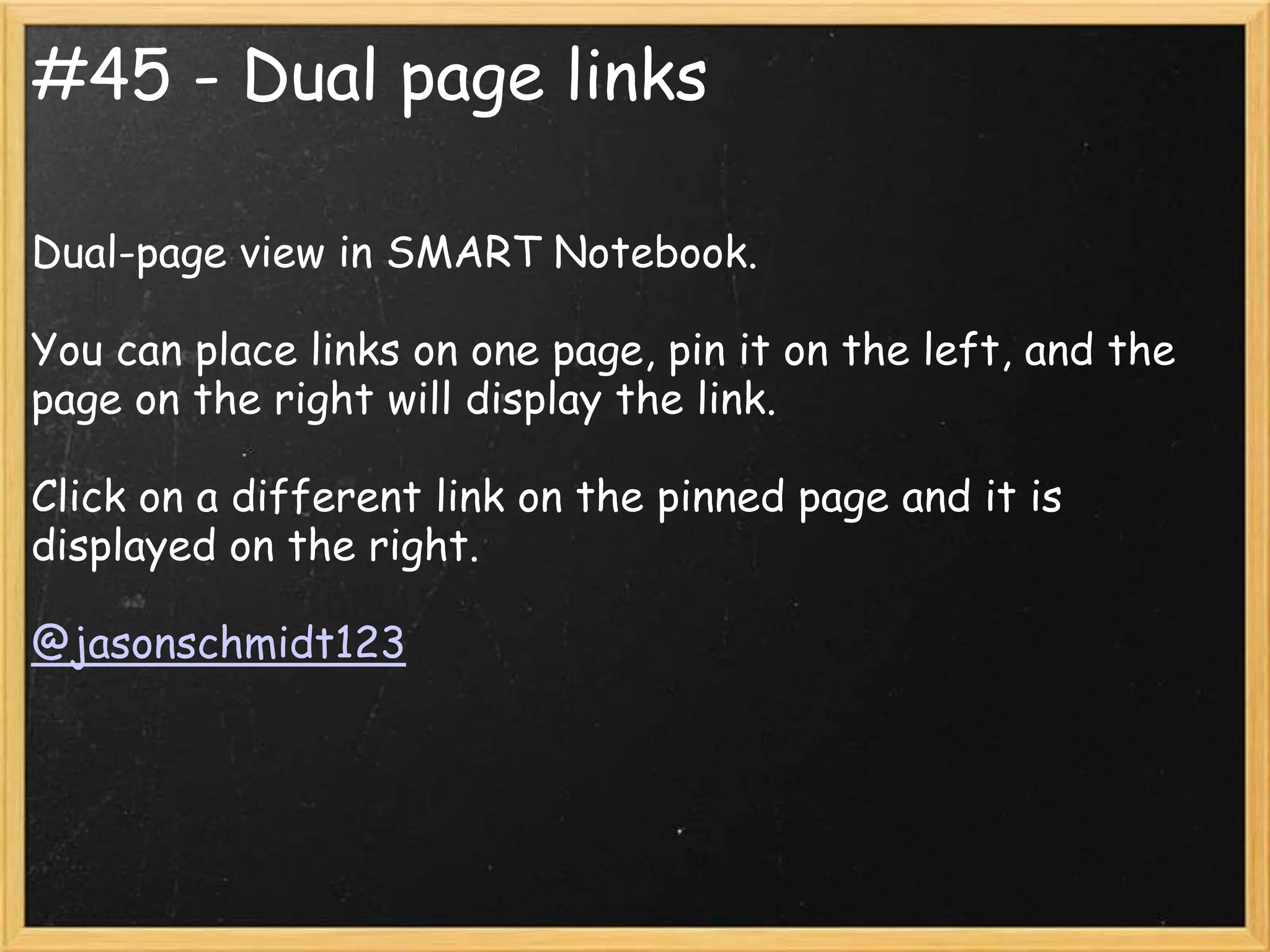 #45 - Dual page links

Dual-page view in SMART Notebook.

You can place links on one page, pin it on the left, and the
page on the right will display the link.

Click on a different link on the pinned page and it is
displayed on the right.

@jasonschmidt123
 