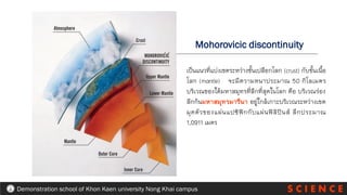 S C I E N C E
Demonstration school of Khon Kaen university Nong Khai campus
เป็นแนวที่แบ่งเขตระหว่างชั้นเปลือกโลก (crust) กับชั้นเนื้อ
โลก (mantle) จะมีความหนาประมาณ 50 กิโลเมตร
บริเวณของใต้มหาสมุทรที่ลึกที่สุดในโลก คือ บริเวณร่อง
ลึกก้นมหาสมุทรมารีนา อยู่ใกล้เกาะบริเวณระหว่างเขต
มุดตัวของแผ่นแปซิฟิกกับแผ่นฟิลิปินส์ ลึกประมาณ
1,0911 เมตร
Mohorovicic discontinuity
 