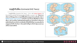 S C I E N C E
Demonstration school of Khon Kaen university Nong Khai campus
ทฤษฎีทวีปเลื่อน (Continental Drift Theory) ป ค.ศ. 1915 Alfred Wegener นัก
วิทยาศาสตรชาวเยอรมัน ไดนาเสนอสมมุติฐานทวีปเลื่อน (continental drift) โดยกลาววา
ทวีปตางๆ ที่เห็นอยูบนโลกเราปจจุบันนี้ในอดีตไดเคยอยูรวมกันเปนทวีปเดียว เรียกวา
พันเจีย (Pangaea Supercontinent) และไดเกิดการแยกตัวและเคลื่อนที่ออกจากกันมา
เมื่อกวา 250 ลานปที่แลว โดยมีเหตุผลสนับสนุนคือ รูปรางของทวีปตางๆ ที่สามารถ
ตอติดกันไดพอดี พบซากดึกดาบรรพชนิดเดียวกันในหินที่เกิดในสภาวะแวดลอมเดียวกัน
แตอยูคนละทวีปที่หางไกลกันมาก หินอายุเดียวกันที่อยูตางทวีปกัน มีรูปแบบสนามแม
เหล็กโบราณคลายคลึงกัน
ทฤษฎีทวีปเลื่อน (Continental Drift Theory)
 