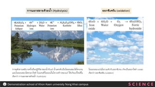 S C I E N C E
Demonstration school of Khon Kaen university Nong Khai campus
การแยกสลายด้วยน้า (Hydrolysis)
การผุพังทางเคมีบางครั้งเป็นปฏิกิริยาของน้ากับแร่ น้าแตกตัวเป็นไอออนของไฮโดรเจน
และไอออนของไฮดรอกไซต์ ไปแทนที่ไอออนในโครงสร้างของแร่ ให้เกิดแร่ใหม่ขึ้น
เรียกว่า การแยกสลายด้วยน้า (hydrolysis)
ออกซิเดชัน (oxidation)
ไอออนของแร่เมื่อรวมตัวกับออกซิเจน เกิดเป็นออกไซต์ (oxide)
เรียกว่า ออกซิเดชัน (oxidation)
 