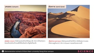 S C I E N C E
Demonstration school of Khon Kaen university Nong Khai campus
แคนยอน (canyon) เป็นลักษณะของผิวโลกที่เป็นหุบผาลึก เกิดจากน้าไหลกัดเซาะ
หินจนเป็นร่องลึกลงไปจนเหลือให้เห็นเป็นหน้าผาที่สูงชันทั้งสองฝั่ง
แคนยอน (canyon) เนินทราย (sand dune)
เนินทราย (sand dune) เป็นลักษณะของผิวโลกที่เกิดจากอิทธิพลของกระแสลม
ที่ผัดผ่านอยู่เป็นประจา เกิดการกร่อนและการสะสมตัวของตะกอนได้
 