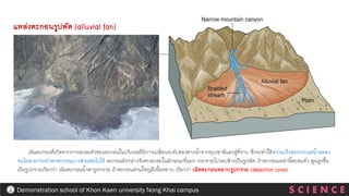 S C I E N C E
Demonstration school of Khon Kaen university Nong Khai campus
แหล่งตะกอนรูปพัด (alluvial fan)
เนินตะกอนที่เกิดจากการสะสมตัวของตะกอนในบริเวณที่มีการเปลี่ยนระดับของทางน้าจากหุบเขาชันลงสู่ที่ราบ ซึ่งจะทาให้ความเร็วของกระแสน้าลดลง
จนไม่สามารถนาพาตะกอนบางส่วนต่อไปได้ ตะกอนดังกล่าวจึงตกสะสมในลักษณะที่แยก กระจายไปรอบข้างเป็นรูปพัด ถ้าตะกอนเหล่านี้สะสมตัว พูนสูงขึ้น
เป็นรูปกรวยเรียกว่า เนินตะกอนน้าพารูปกรวย ถ้าตะกอนส่วนใหญ่มีเนื้อหยาบ เรียกว่า เนิดตะกอนหยาบรูปกรวย (dejection cone)
 