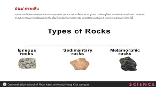 นักธรณีวิทยาไดสารวจลักษณะและสวนประกอบของหิน เชน สี ลวดลาย เนื้อหิน ขนาด รูปราง สิ่งที่ฝงอยูในหิน ความแตกตางของน้าหนัก ความออน
ความแข็งของหินและการเปลี่ยนแปลงของหิน เมื่อนาไปทดสอบกับสารเคมีบางชนิด นักธรณีวิทยาแบงหินเปน 3 ประเภท ตามลักษณะการเกิด ดังนี้
ประเภทของหิน
S C I E N C E
Demonstration school of Khon Kaen university Nong Khai campus
 