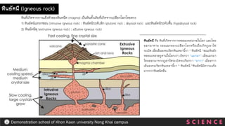 หินที่เกิดจากการแข็งตัวของหินหนืด (magma) เป็นหินดั้งเดิมที่เกิดจากเปลือกโลกโดยตรง
1) หินอัคนีแทรกซอน (intrusive igneous rock) : หินอัคนีระดับลึก (plutonic rock ; abyssal rock) และหินอัคนีระดับตื้น (hypabyssal rock)
2) หินอัคนีพุ (extrusive igneous rock) ; effusive igneous rock)
หินอัคนี (igneous rock)
หินอัคนี คือ หินที่เกิดจากการหลอมเหลวภายในโลก และไหล
ออกมาตาม รอยแยกของเปลือกโลกหรือเมื่อเกิดภูเขาไฟ
ระเบิด เมื่อเย็นลงจะเรียกหินเหลานี้วา “ หินอัคนี ”ขณะหินยัง
หลอมเหลวอยูดานในโลกเรา เรียกวา “แมกมา” เมื่อแมกมา
ไหลออกมาจากภูเขาไฟระเบิดจะเรียกวา “ลาวา” เมื่อลาวา
เย็นลงจะเรียกหินเหลานี้วา “ หินอัคนี ”หินอัคนีมีความแข็ง
มากกวาหินชนิดอื่น
S C I E N C E
Demonstration school of Khon Kaen university Nong Khai campus
 