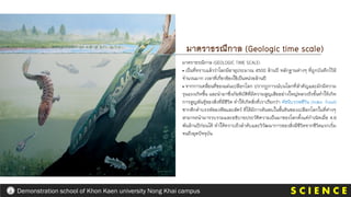 มาตราธรณีกาล (GEOLOGIC TIME SCALE)
• เป็นที่ทราบแล้วว่าโลกมีอายุประมาณ 4500 ล้านปี หลักฐานต่างๆ ที่ถูกบันทึกไว้มี
จานวนมาก เวลาที่เกี่ยวข้องใช้เป็นหน่วยล้านปี
• จากการเคลื่อนที่ของแผ่นเปลือกโลก ปรากฏการณ์บนโลกที่สาคัญและมักมีความ
รุนแรงเกิดขึ้น และนามาซึ่งภัยพิบัติที่มีความสูญเสียอย่างใหญ่หลวงถึงขั้นทาให้เกิด
การสูญพันธุ์ของสิ่งที่มีชีวิต ทาให้เกิดสิ่งที่เราเรียกว่า ดัชนีบรรพชีวิน (Index Fossil)
ซากดึกดาบรรพ์ของพืชและสัตว์ ที่ได้มีการค้นพบในชั้นหินของเปลือกโลกในที่ต่างๆ
สามารถนามารวบรวมและอธิบายประวัติความเป็นมาของโลกตั้งแต่กาเนิดเมื่อ 4.6
พันล้านปีก่อนได้ ทาให้ทราบถึงลาดับและวิวัฒนาการของสิ่งมีชีวิตจากชีวิตแรกเริ่ม
จนถึงยุคปัจจุบัน
มาตราธรณีกาล (Geologic time scale)
S C I E N C E
Demonstration school of Khon Kaen university Nong Khai campus
 