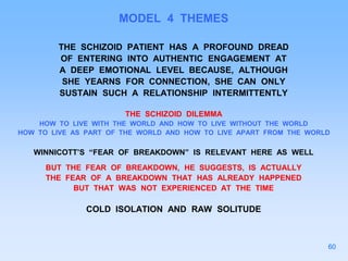 MODEL 4 THEMES
THE SCHIZOID PATIENT HAS A PROFOUND DREAD
OF ENTERING INTO AUTHENTIC ENGAGEMENT AT
A DEEP EMOTIONAL LEVEL BECAUSE, ALTHOUGH
SHE YEARNS FOR CONNECTION, SHE CAN ONLY
SUSTAIN SUCH A RELATIONSHIP INTERMITTENTLY
THE SCHIZOID DILEMMA
HOW TO LIVE WITH THE WORLD AND HOW TO LIVE WITHOUT THE WORLD
HOW TO LIVE AS PART OF THE WORLD AND HOW TO LIVE APART FROM THE WORLD
WINNICOTT’S “FEAR OF BREAKDOWN” IS RELEVANT HERE AS WELL
BUT THE FEAR OF BREAKDOWN, HE SUGGESTS, IS ACTUALLY
THE FEAR OF A BREAKDOWN THAT HAS ALREADY HAPPENED
BUT THAT WAS NOT EXPERIENCED AT THE TIME
COLD ISOLATION AND RAW SOLITUDE
60
 