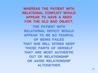 WHEREAS THE PATIENT WITH
RELATIONAL CONFLICT WOULD
APPEAR TO HAVE A NEED
FOR THE OLD BAD OBJECT,
THE PATIENT WITH
RELATIONAL DEFICIT WOULD
APPEAR TO BE SO FEARFUL
OF BEING FAILED
THAT SHE WILL EITHER KEEP
THOSE PARTS OF HERSELF
THAT ARE MOST AUTHENTIC
OUT OF RELATIONSHIP
OR AVOID RELATIONSHIP
ALTOGETHER
63
 