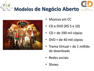 Modelos de Negócio Aberto
            • Músicas em CC
            • CD e DVD (R$ 5 e 10)
            • CD + de 190 mil cópias
            • DVD + de 40 mil cópias
            • Trama Virtual + de 1 milhão
              de downloads
            • Redes sociais
            • Shows
 