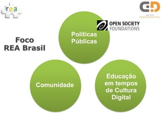 Políticas
  Foco          Públicas
REA Brasil


                             Educação
       Comunidade           em tempo...