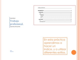 En esta práctica
aprendimos a
hacer un
índice, y a utilizar
diferentes estilos.
 