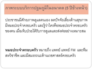 ภาพระบบบริการปฐมภูมิในอนาคต (5 ปี ข้างหน้ า)
ประชาชนมีศกยภาพดูแลตนเอง ลดปั จจัยเสี่ยงด้ านสุขภาพ
ั
มีหมอประจาครอบครัว และรู้ว่าใครคือหมอประจาครอบครัว
ของตน เมื่อเจ็บป่ วยได้ รับการดูแลและส่งต่ออย่างเหมาะสม

หมอประจาครอบครั ว หมายถึง แพทย์ แพทย์ FM และทีม
สหวิชาชีพ และมีสมรรถนะด้ านเวชศาสตร์ ครอบครัว

 